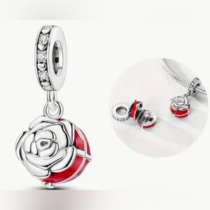 Silver & Red Dangle Openable Rose Charm For Valentines Day Charm Ring Charm